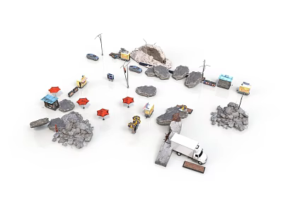 Scene Construction Model Components With Street Lamps Vehicles Rocks And Traffic Cones 3d model