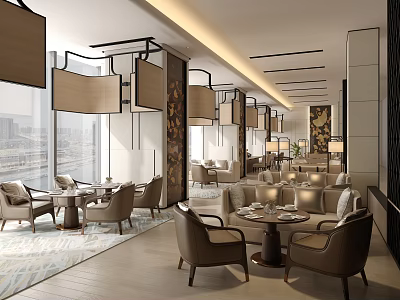 Modern Restaurant Interior With Comfortable Seating Large Windows Pendant Lights And Decorative Panels 3d model