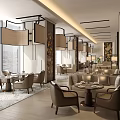 Modern Restaurant Interior With Comfortable Seating Large Windows Pendant Lights And Decorative Panels 3d model
