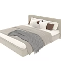 Modern Upholstered Double Bed With Beige Headboard White Mattress And Gray Throw Blanket