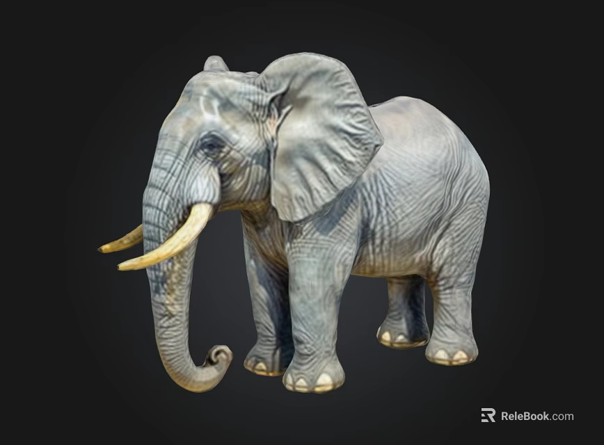 Realistic Gray Elephant With Long Curved Tusks Standing On Black Background 3d model 