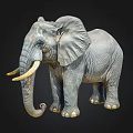 Realistic Gray Elephant With Long Curved Tusks Standing On Black Background
