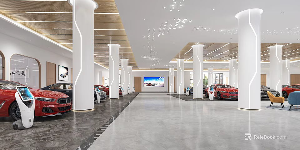 Modern Car Showroom Interior Featuring Multiple Cars White Columns And Large Screen 3d model 