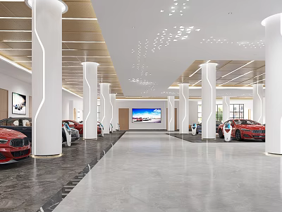 Modern Car Showroom Interior Featuring Multiple Cars White Columns And Large Screen 3d model