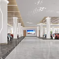 Modern Car Showroom Interior Featuring Multiple Cars White Columns And Large Screen