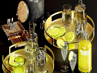 Elegant Liquor Bottles and Glasses with Lemon Slices Ice Cubes on Golden Trays 3d model