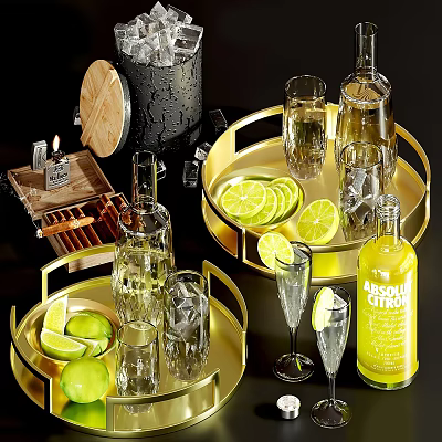 Elegant Liquor Bottles and Glasses with Lemon Slices Ice Cubes on Golden Trays 3d model