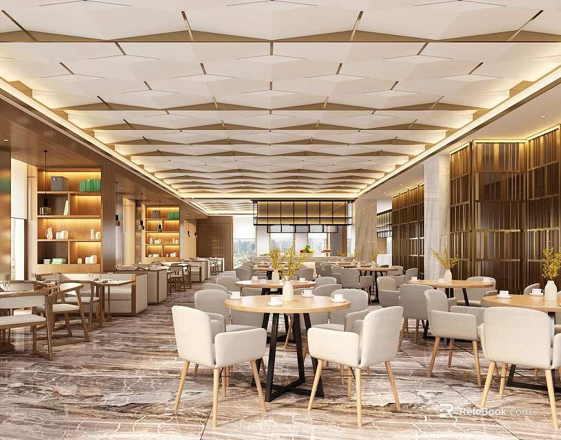 Elegant Modern Restaurant Interior With Round Tables Comfortable Chairs And Geometric Ceiling Design 3d model