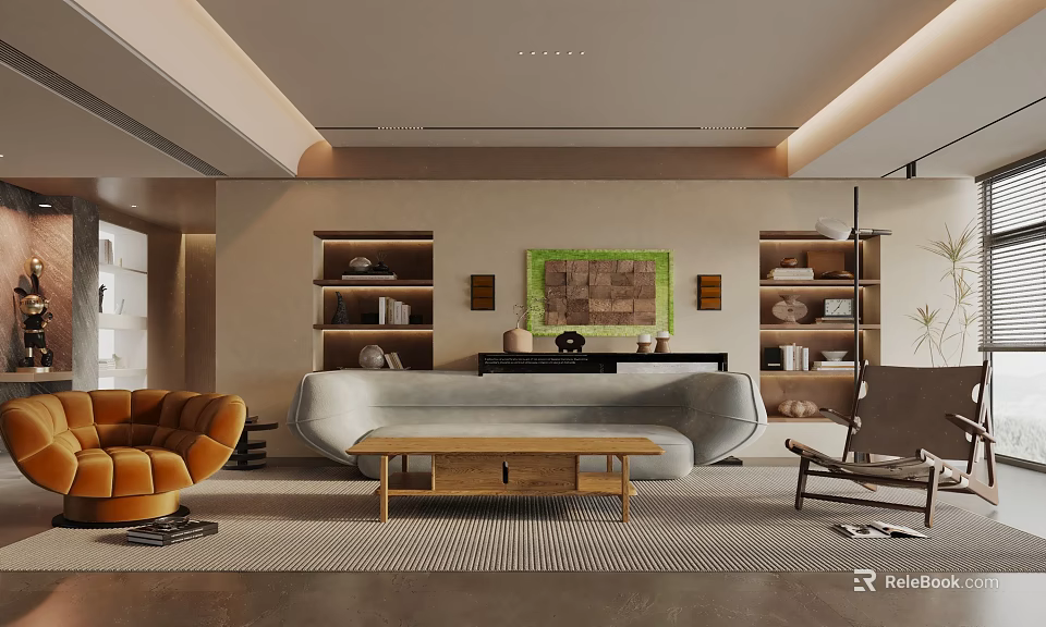 Modern Living Room Interior With Orange Sofa Gray Curved Sofa Wooden Coffee Table And Bookshelves 3d model 
