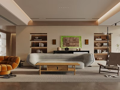 Modern Living Room Interior With Orange Sofa Gray Curved Sofa Wooden Coffee Table And Bookshelves 3d model