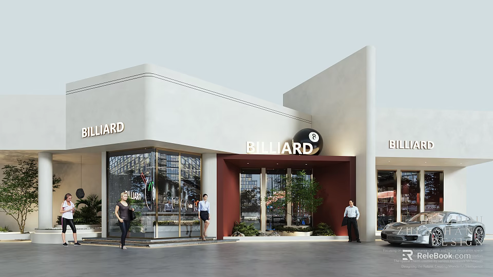 Modern Billiard Storefront Design With White Facade And Red Accent Details 3d model 
