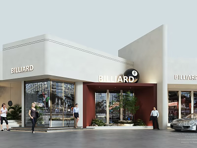 Modern Billiard Storefront Design With White Facade And Red Accent Details 3d model
