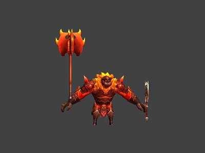 Game Movie Warrior Character With Fire Axe Short Sword And Red Gold Armor 3d model