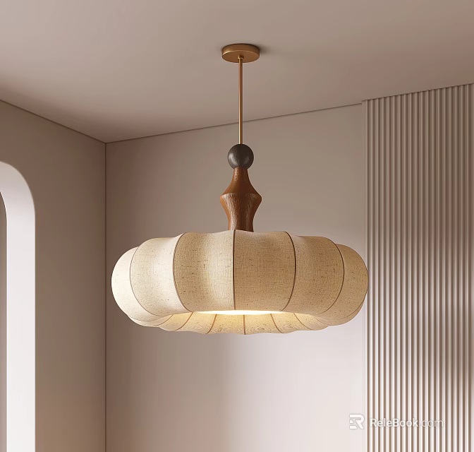 Elegant Modern Linen Shade Pendant Light With Wooden Accent In Minimalist Interior Space 3d model 
