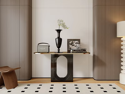 Elegant Console Table With Black Vase White Flowers And Decorative Items Against Light Wall 3d model