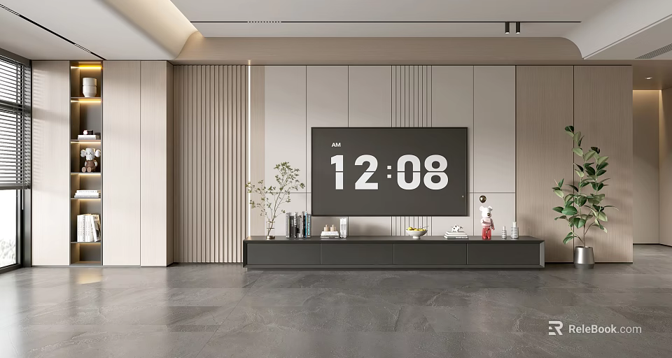 Modern TV Wall Design With Panel Accents Built in TV TV Stand And Green Plants 3d model 