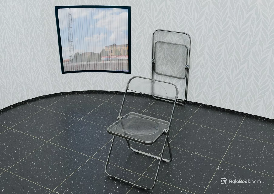 Transparent Folding Leisure Chair in Room with Textured Wall Dark Tiled Floor and Window Sky 3d model 