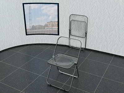 Transparent Folding Leisure Chair in Room with Textured Wall Dark Tiled Floor and Window Sky 3d model