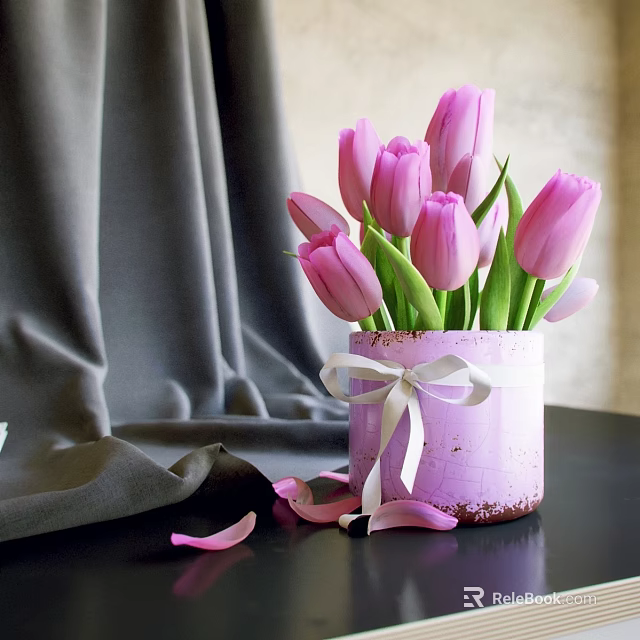 Pink Tulips In Purple Pot With White Ribbon On Gray Fabric Background And Scattered Petals 3d model 