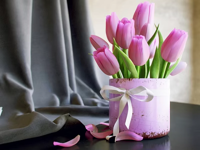 Pink Tulips In Purple Pot With White Ribbon On Gray Fabric Background And Scattered Petals 3d model