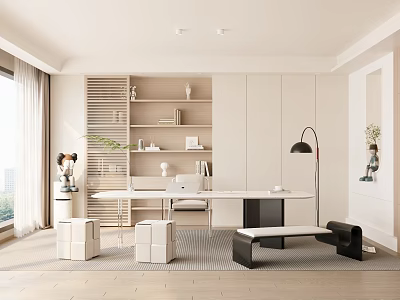 Minimalist Study Room Interior Design With Wooden Bookshelf Writing Desk And Natural Light 3d model