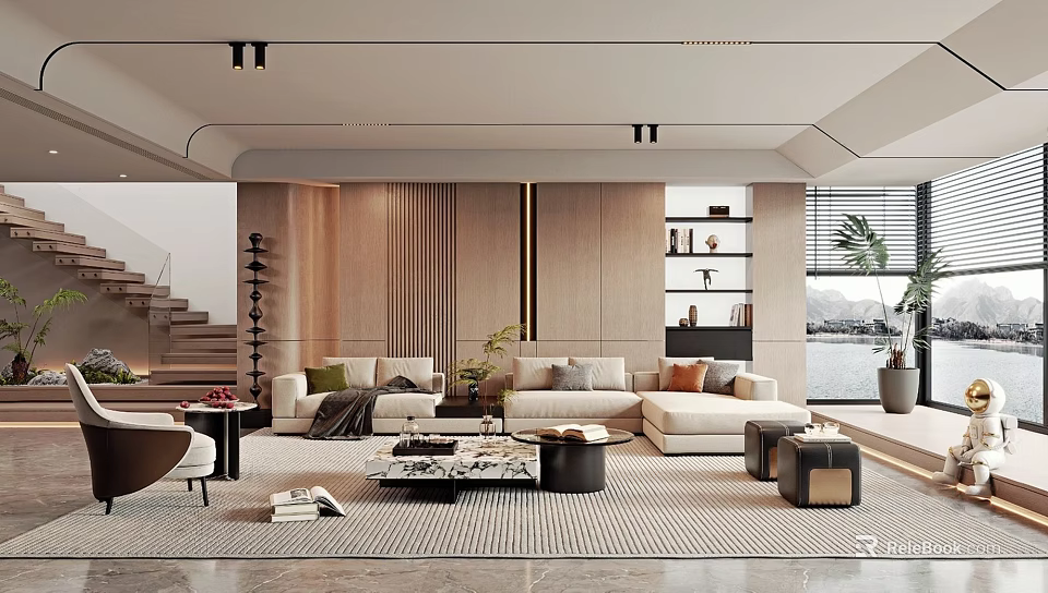 Contemporary Living Room Interior Design With Wooden Accents Plush Sofas Coffee Table And Large Windows 3d model 