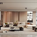 Contemporary Living Room Interior Design With Wooden Accents Plush Sofas Coffee Table And Large Windows