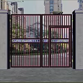 Blue Metal Gate With Railing Design And Concrete Pillars Against High Rise Buildings And Greenery
