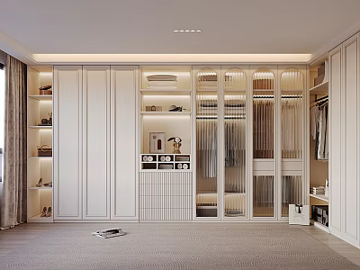Modern Walk-in Closet Design With White Cabinets Glass Doors Layered Storage Clothes And Shoes 3d model