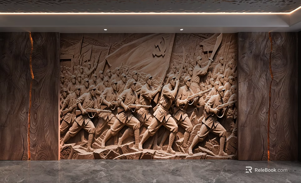 Revolutionary Historical Theme Relief Sculpture Background Wall With Soldiers Marching And Flag Elements 3d model 