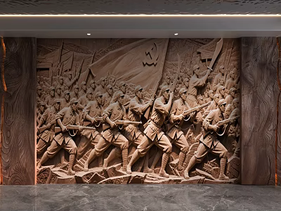 Revolutionary Historical Theme Relief Sculpture Background Wall With Soldiers Marching And Flag Elements 3d model