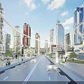 Futuristic Urban Road Infrastructure With Glowing Lane Lines Pedestrian Walkways And Tall Buildings