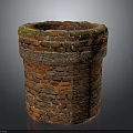 Red Brick Cylindrical Well Structure With Green Moss Top And Stone Edge