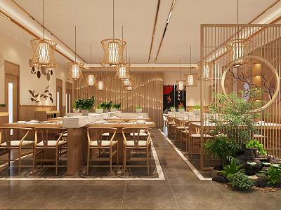 Traditional Chinese Restaurant Interior With Bamboo Partitions Lantern Lights Wooden Tables And Green Plants 3d model
