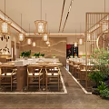 Traditional Chinese Restaurant Interior With Bamboo Partitions Lantern Lights Wooden Tables And Green Plants