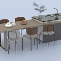 Modern Dining Table Set With Chairs Fruit Bowl Cups And Potted Plant 3d model