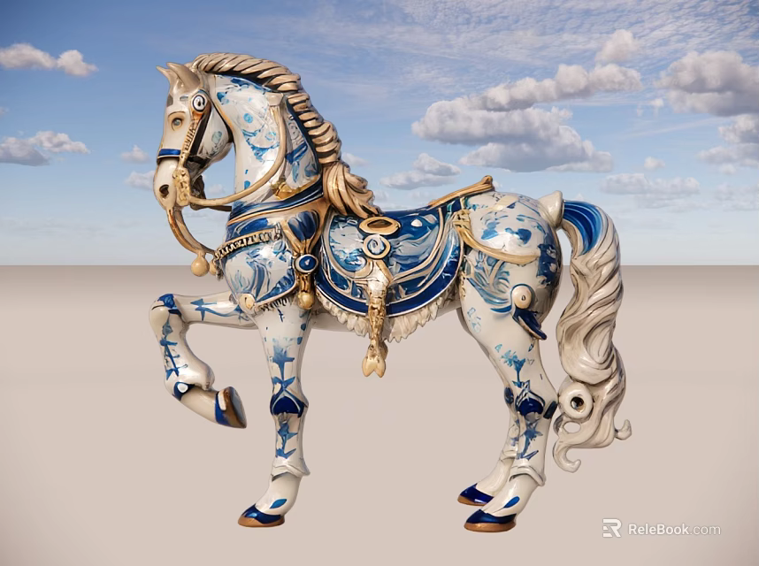 Ornate Blue And White Horse Sculpture With Decorative Saddle And Tassels 3d model 