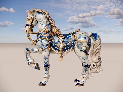 Ornate Blue And White Horse Sculpture With Decorative Saddle And Tassels 3d model