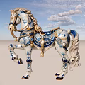 Ornate Blue And White Horse Sculpture With Decorative Saddle And Tassels