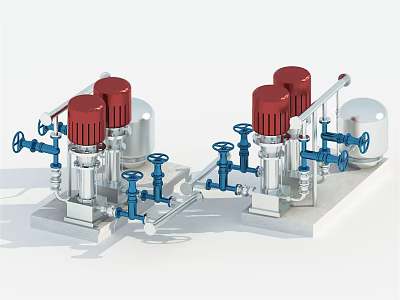 Industrial Equipment Setup With Red Pumps Blue Valves And Piping System 3d model