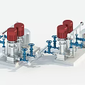 Industrial Equipment Setup With Red Pumps Blue Valves And Piping System
