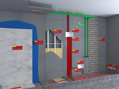 Construction Background Wall With Tile Brick Pipes And Red Markers Structure 3d model