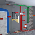 Construction Background Wall With Tile Brick Pipes And Red Markers Structure