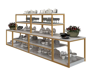 Modern Display Shelving With Gold Frame White Shelves And Tableware Cups Plates Bowls Vases Plants 3d model