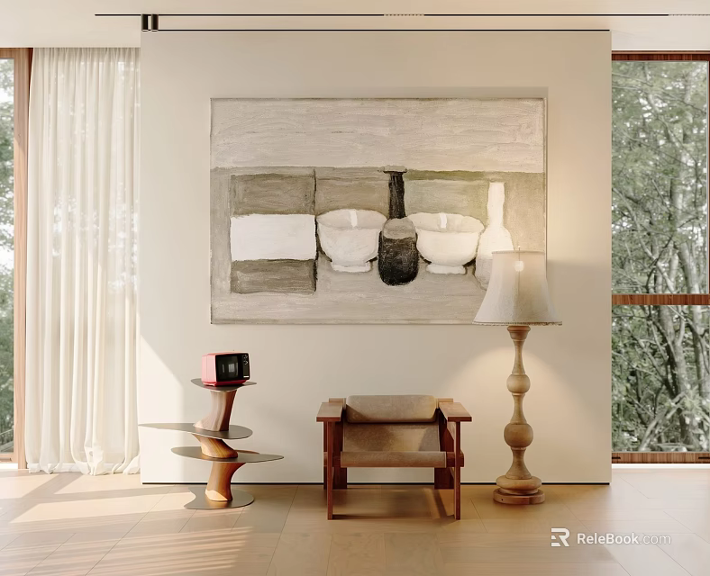 Natural Light Filled Interior With Accent Chair Floor Lamp And Wall Art 3d model 