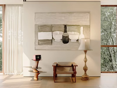 Natural Light Filled Interior With Accent Chair Floor Lamp And Wall Art 3d model