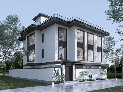 Modern Detached Villa Exterior With Large Glass Windows Two Story White Facade Green Lawn 3d model