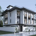 Modern Detached Villa Exterior With Large Glass Windows Two Story White Facade Green Lawn