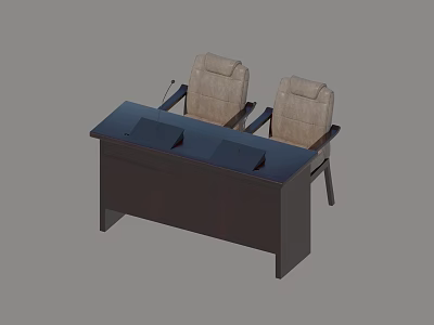 Dark Wood Office Desk With Two Black Desktop Panels And Beige Upholstered Chairs 3d model