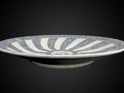 Blue And White Fan Pattern Plate Decoration With Gold Trim Details 3d model